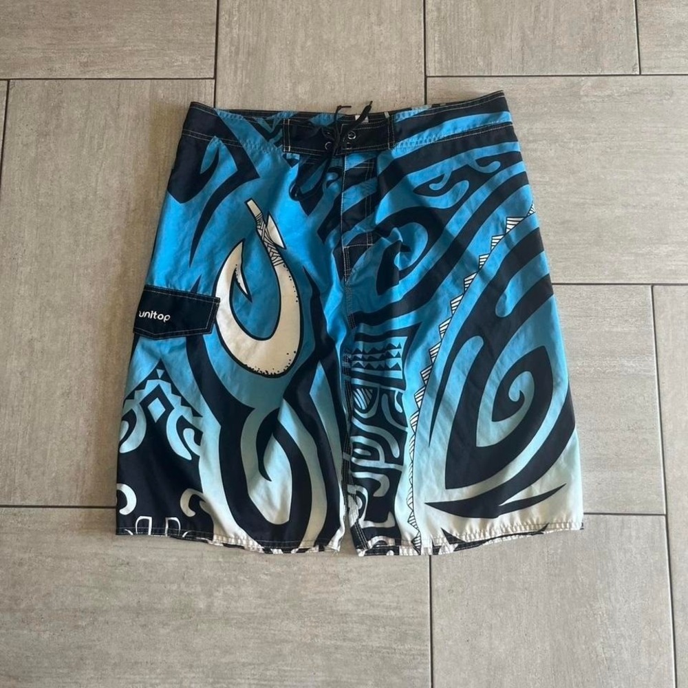 Unitop Mens Blue Black Tribal Fish Hook Board Shorts Size 36